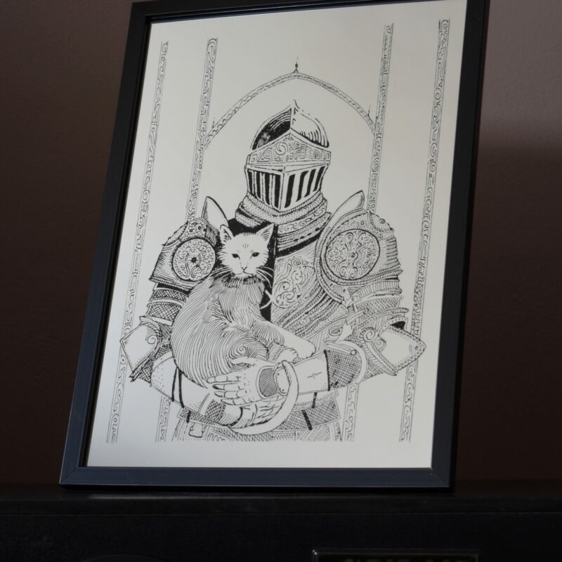 Lustro Dekoracyjne A4 w Czarnej Ramce z Grawerem „Rycerz z Kotem”