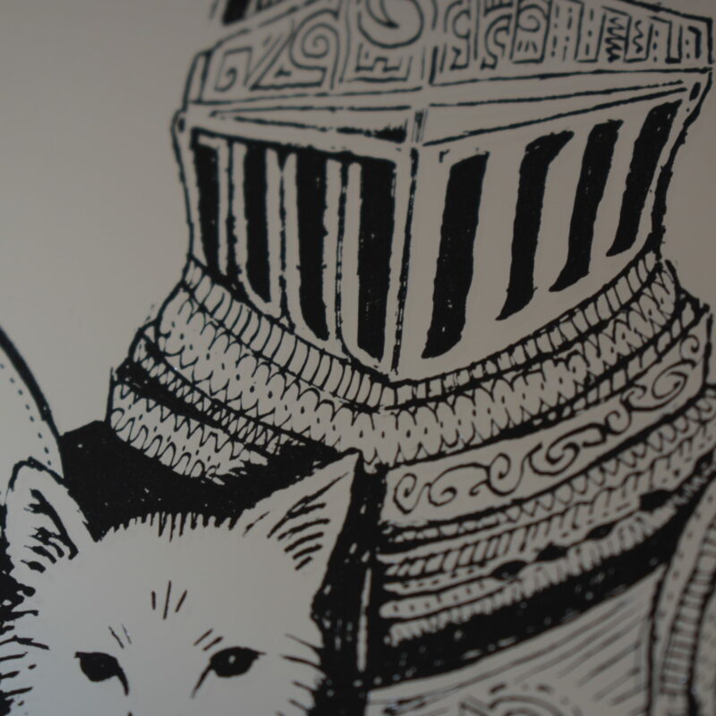 Lustro Dekoracyjne A4 w Czarnej Ramce z Grawerem „Rycerz z Kotem”