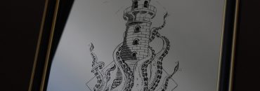 Lustro Dekoracyjne A4 w Czarnej Ramce z Grawerem Latarni Morskiej i Mackami Krakena – Unikalne Rękodzieło